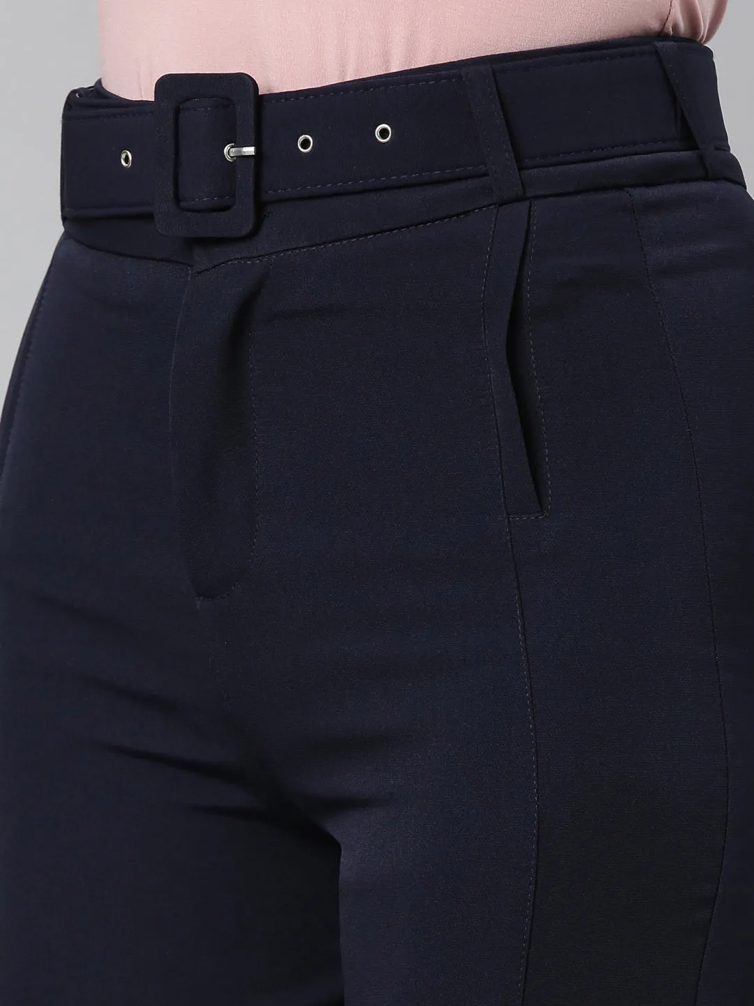 Women Navy Blue Straight Fit High-Rise Fromal Trousers