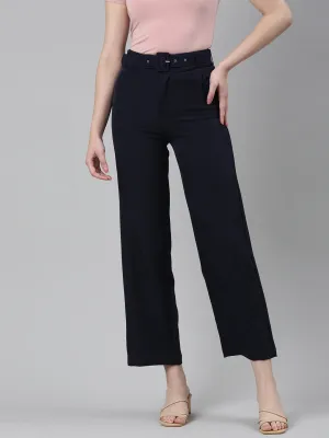 Women Navy Blue Straight Fit High-Rise Fromal Trousers