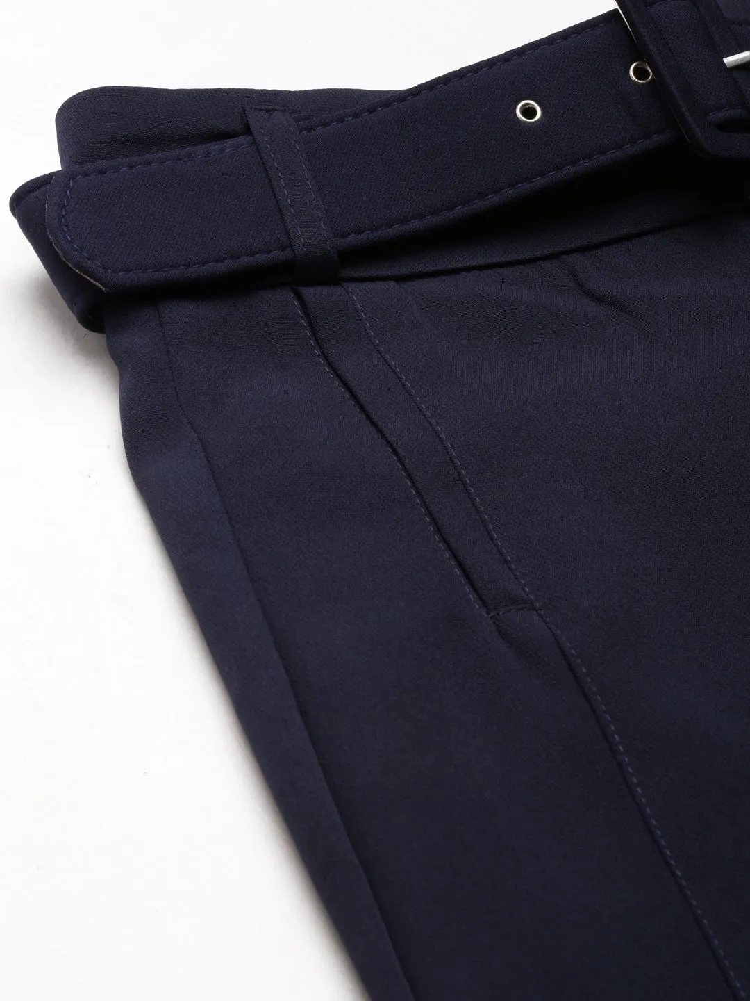 Women Navy Blue Straight Fit High-Rise Fromal Trousers