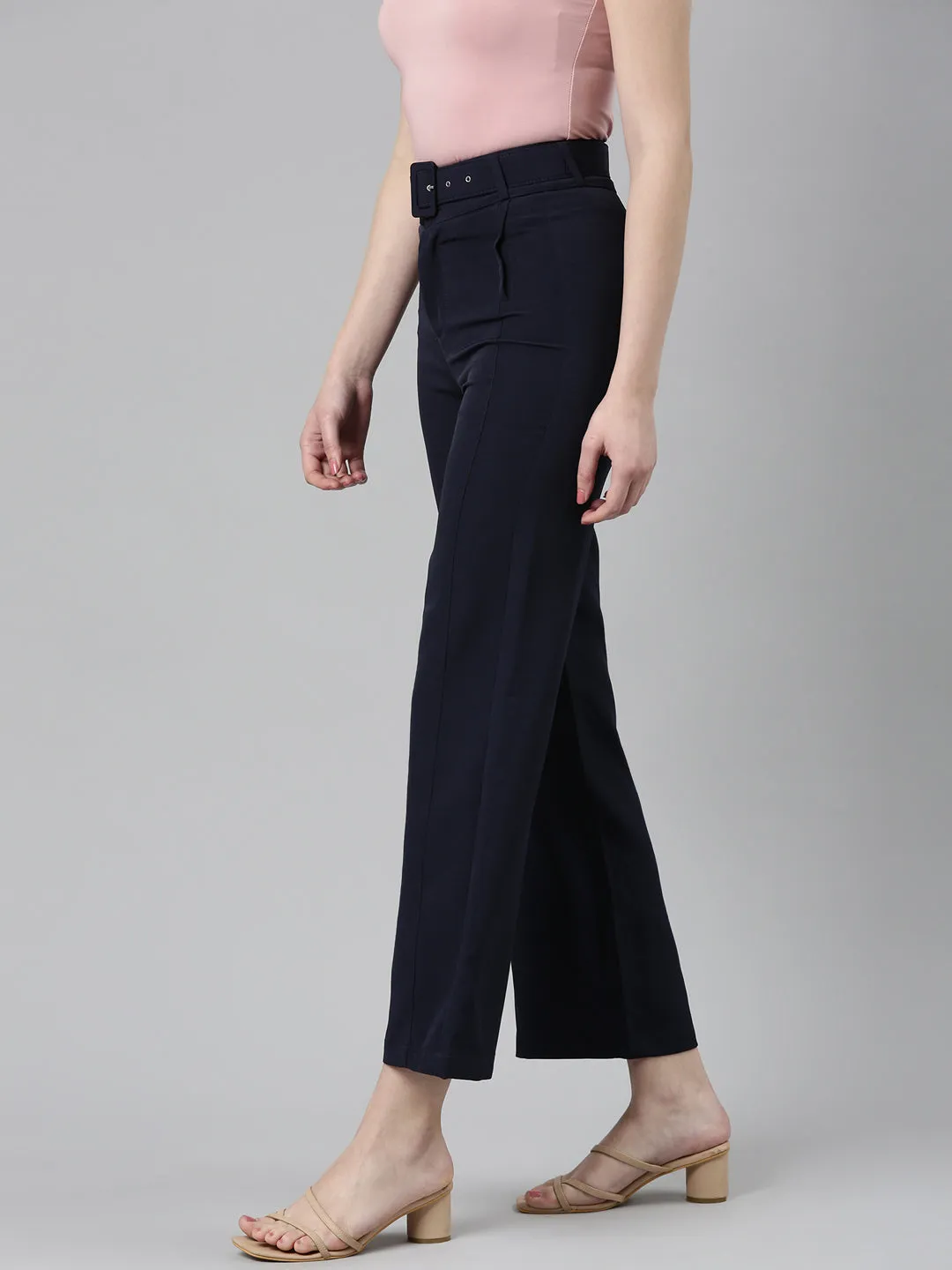 Women Navy Blue Straight Fit High-Rise Fromal Trousers