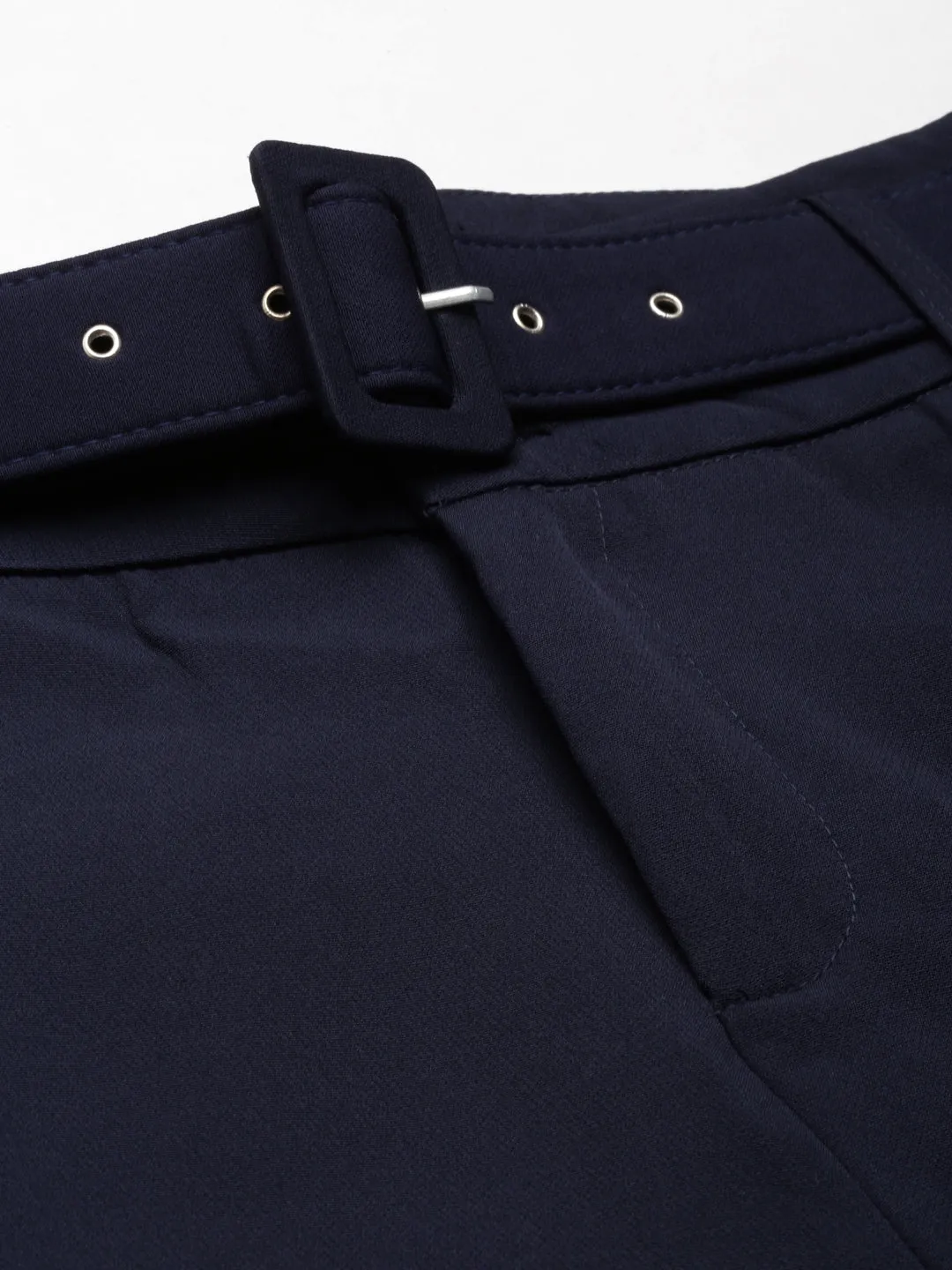 Women Navy Blue Straight Fit High-Rise Fromal Trousers