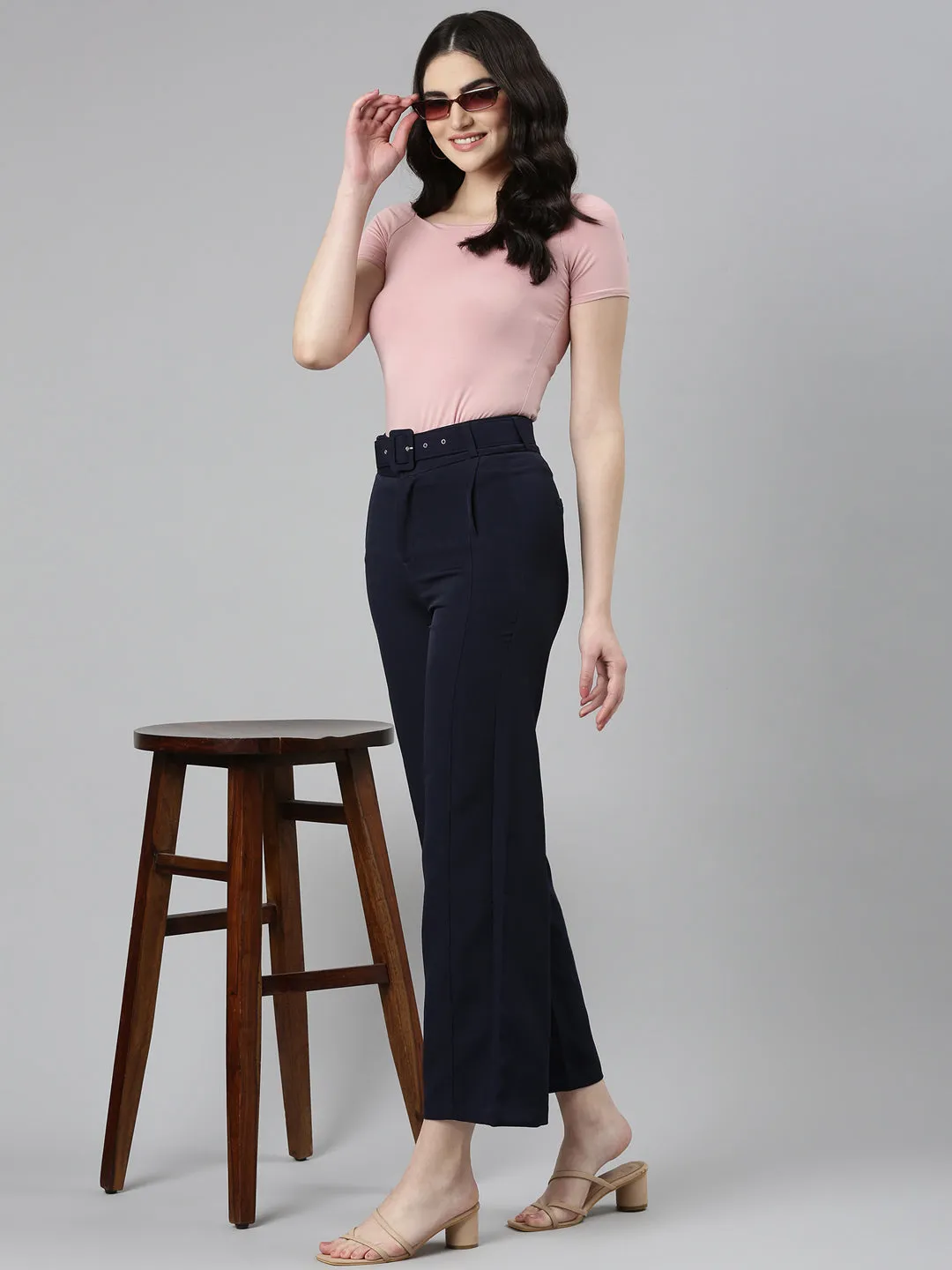Women Navy Blue Straight Fit High-Rise Fromal Trousers