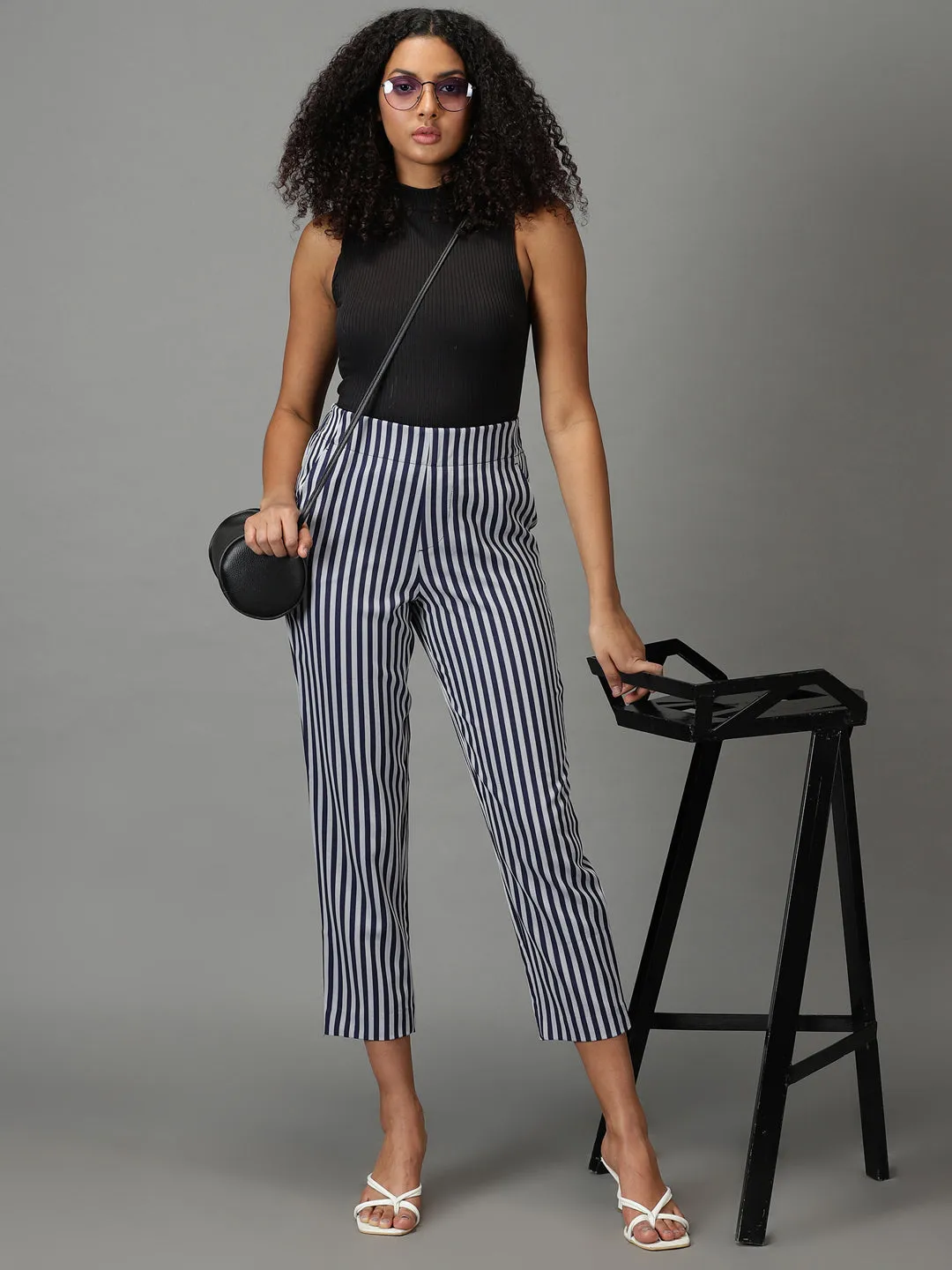 Women Navy Blue Striped Straight Fit Trousers