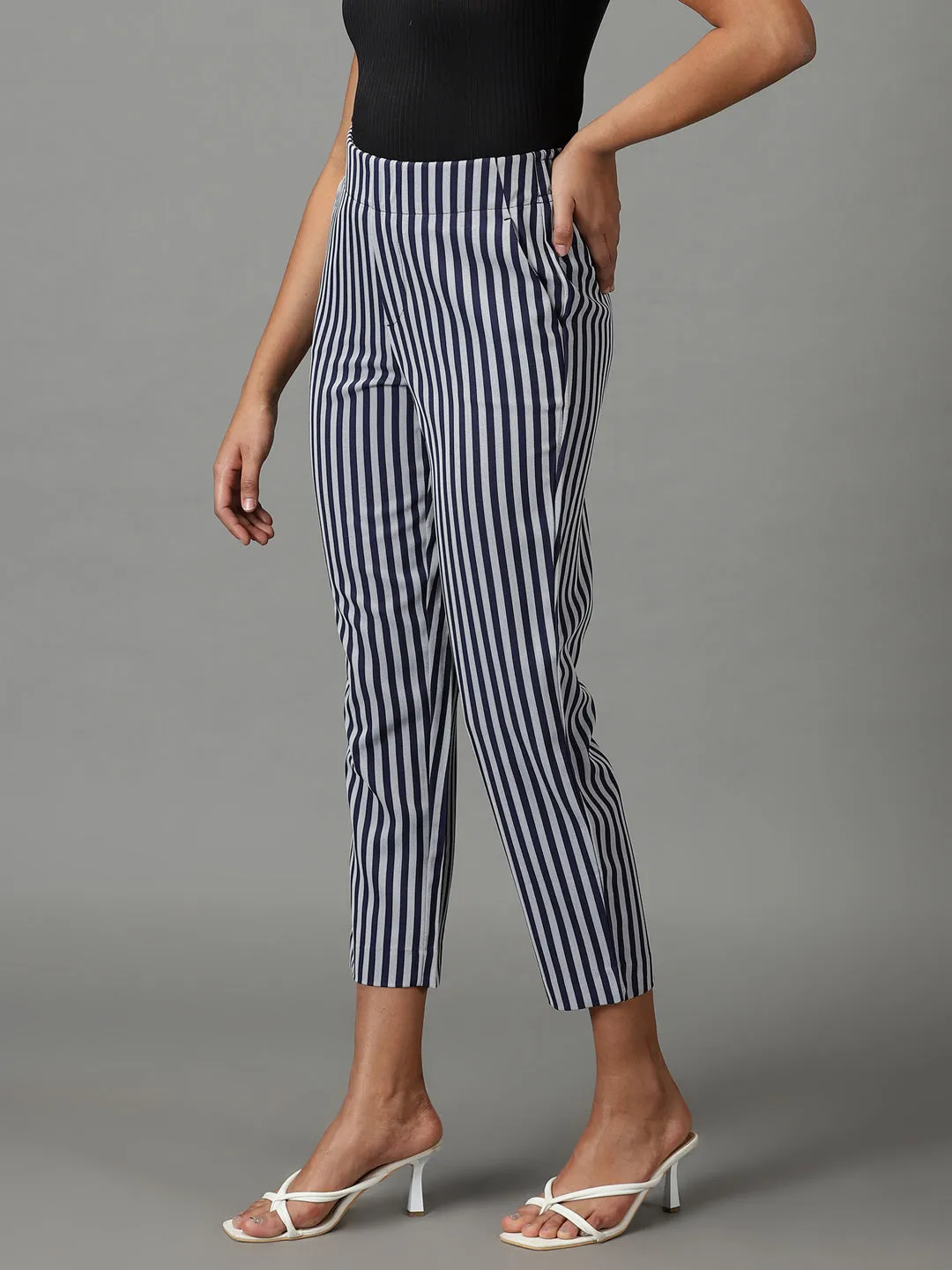 Women Navy Blue Striped Straight Fit Trousers