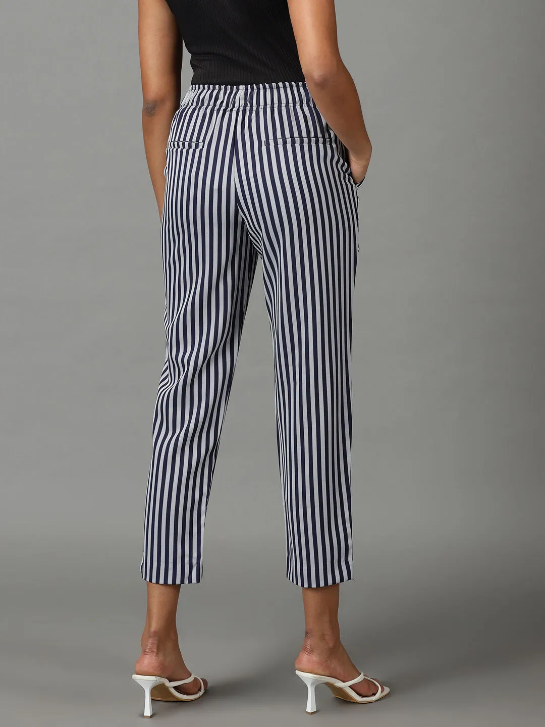 Women Navy Blue Striped Straight Fit Trousers