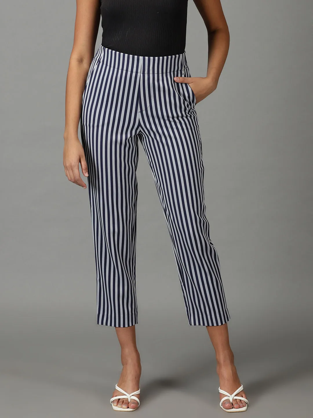 Women Navy Blue Striped Straight Fit Trousers