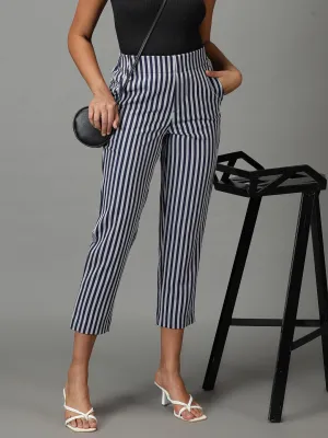 Women Navy Blue Striped Straight Fit Trousers