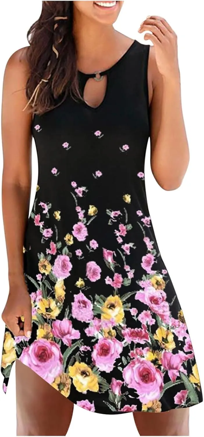 Women's Beach Vacation Clothes Casual Summer Floral Printed Sleeveless Tank Dress Hollow Out Crewneck Short, S-2XL