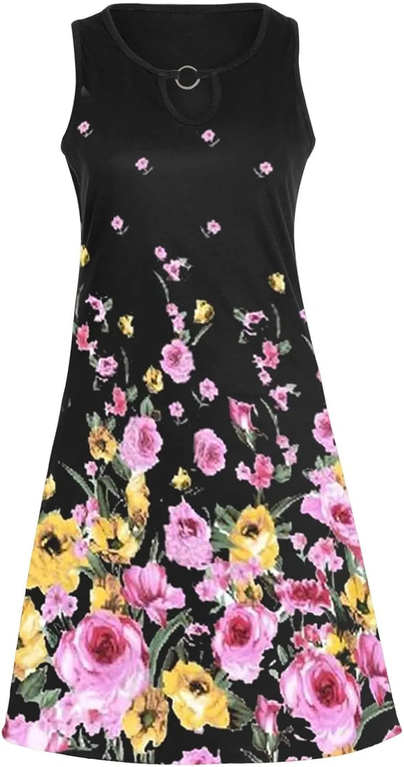 Women's Beach Vacation Clothes Casual Summer Floral Printed Sleeveless Tank Dress Hollow Out Crewneck Short, S-2XL