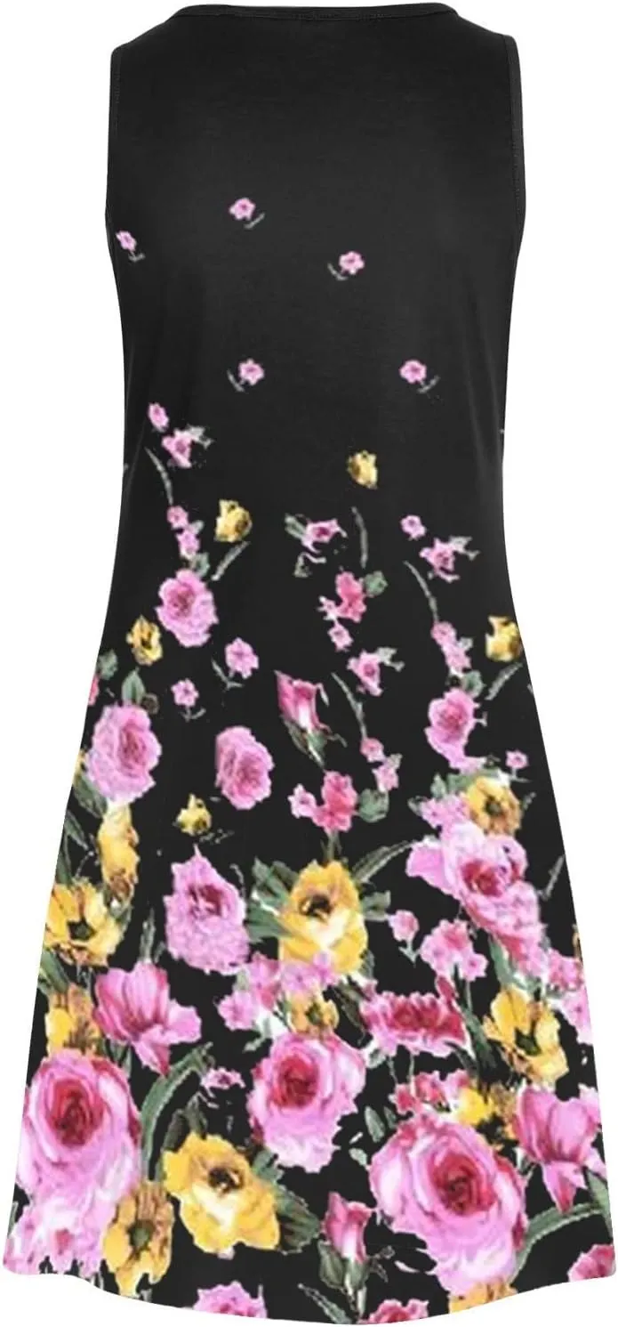 Women's Beach Vacation Clothes Casual Summer Floral Printed Sleeveless Tank Dress Hollow Out Crewneck Short, S-2XL