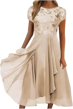 Women's Casual Dresses 2024 Trendy Solid Lace Short Sleeve Bridesmaid Maxi Dress Casual, S-3XL