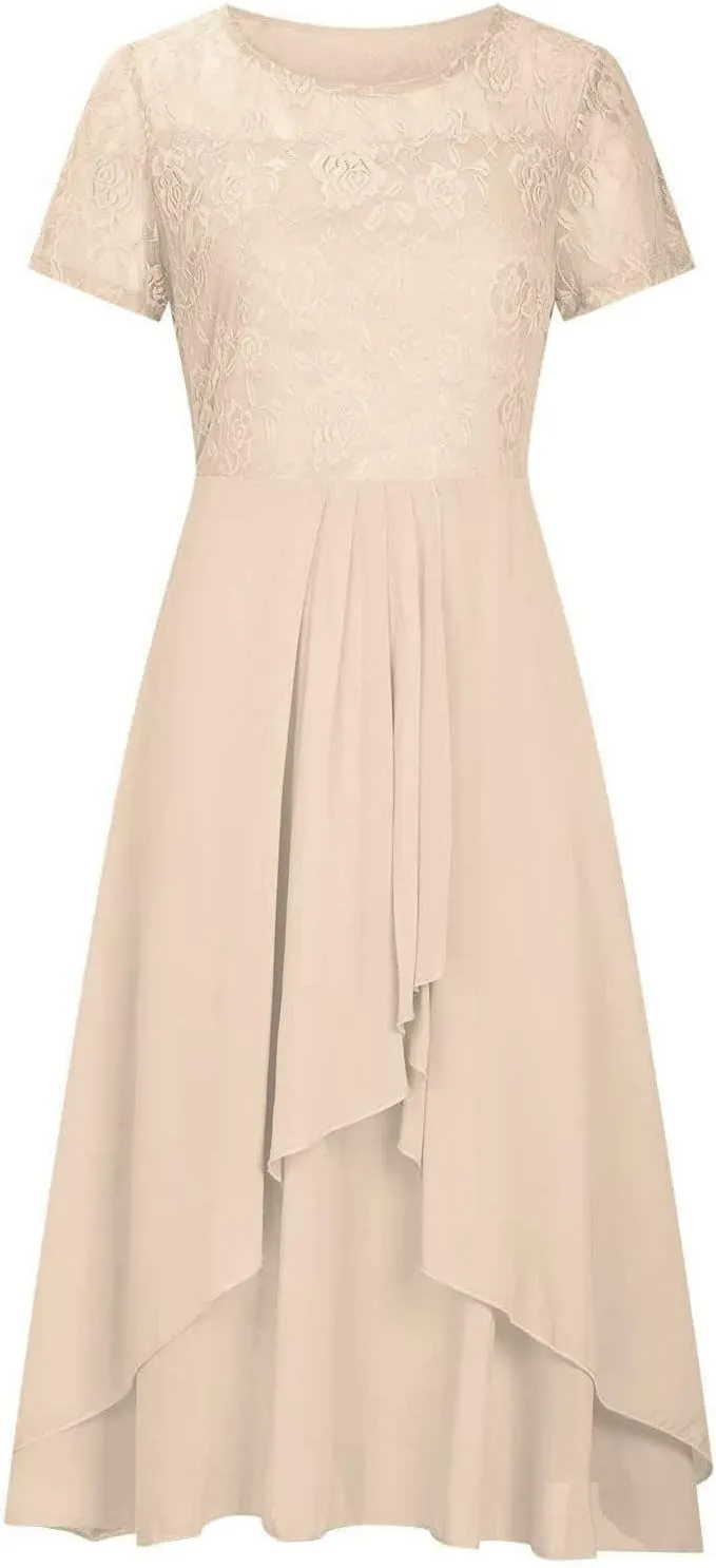 Women's Casual Dresses 2024 Trendy Solid Lace Short Sleeve Bridesmaid Maxi Dress Casual, S-3XL
