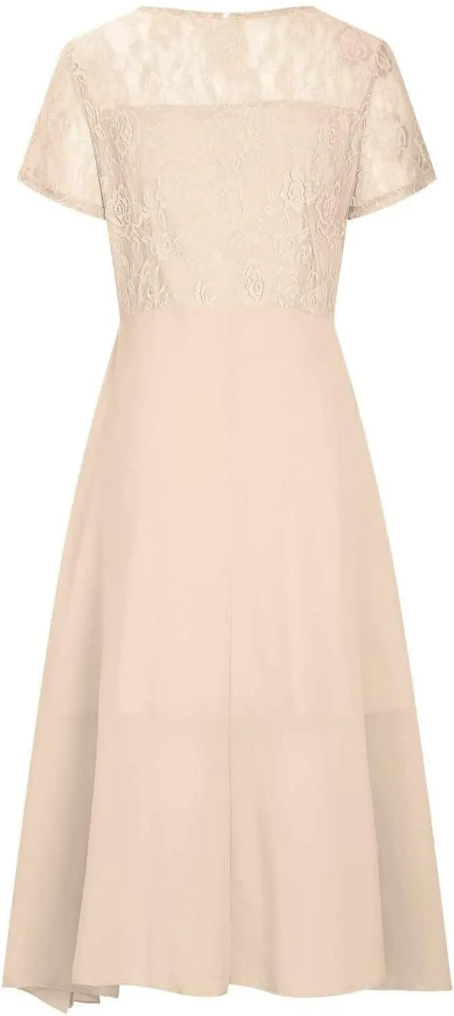 Women's Casual Dresses 2024 Trendy Solid Lace Short Sleeve Bridesmaid Maxi Dress Casual, S-3XL