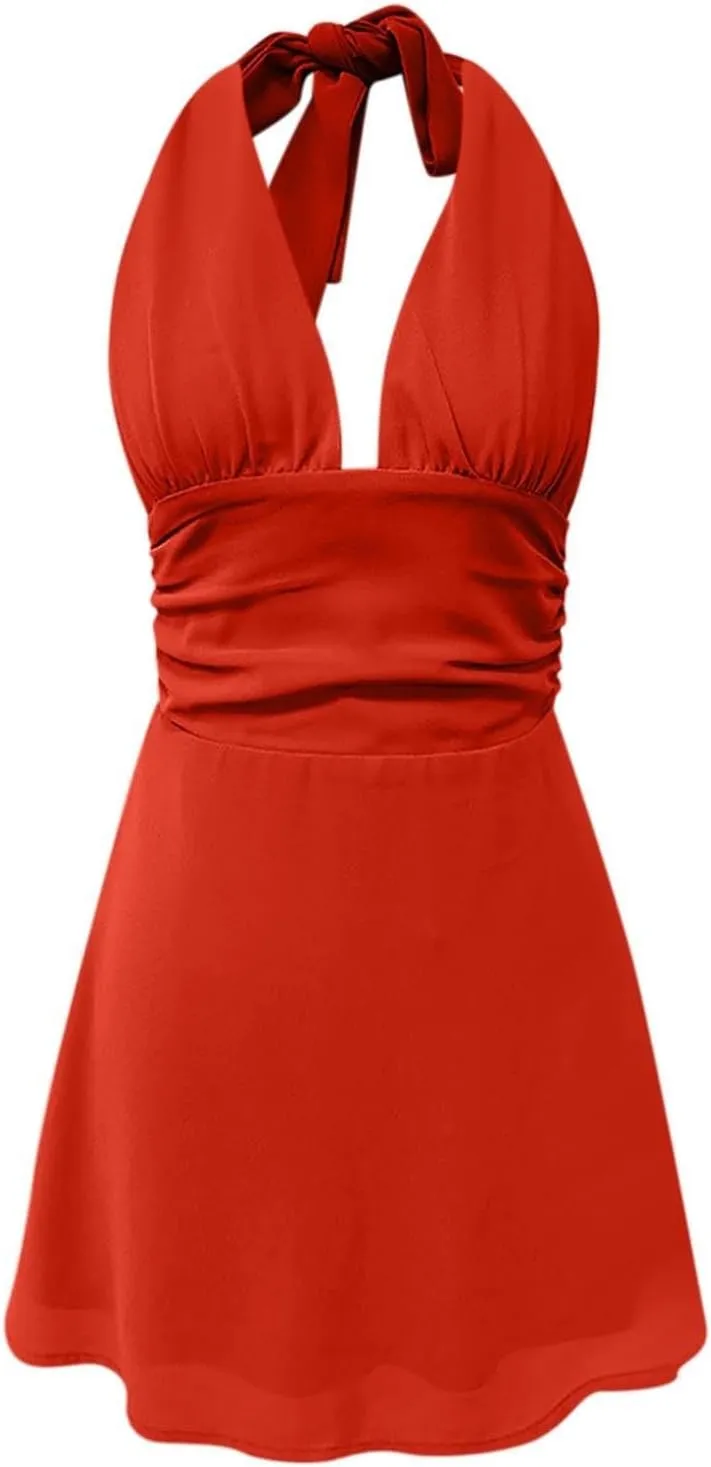 Womens Deep V Mini Dress Bow Tie Sleeveless Backless Ruched Flowy Wrap Ruffle Hem Short Sleeve Loose T Shirt