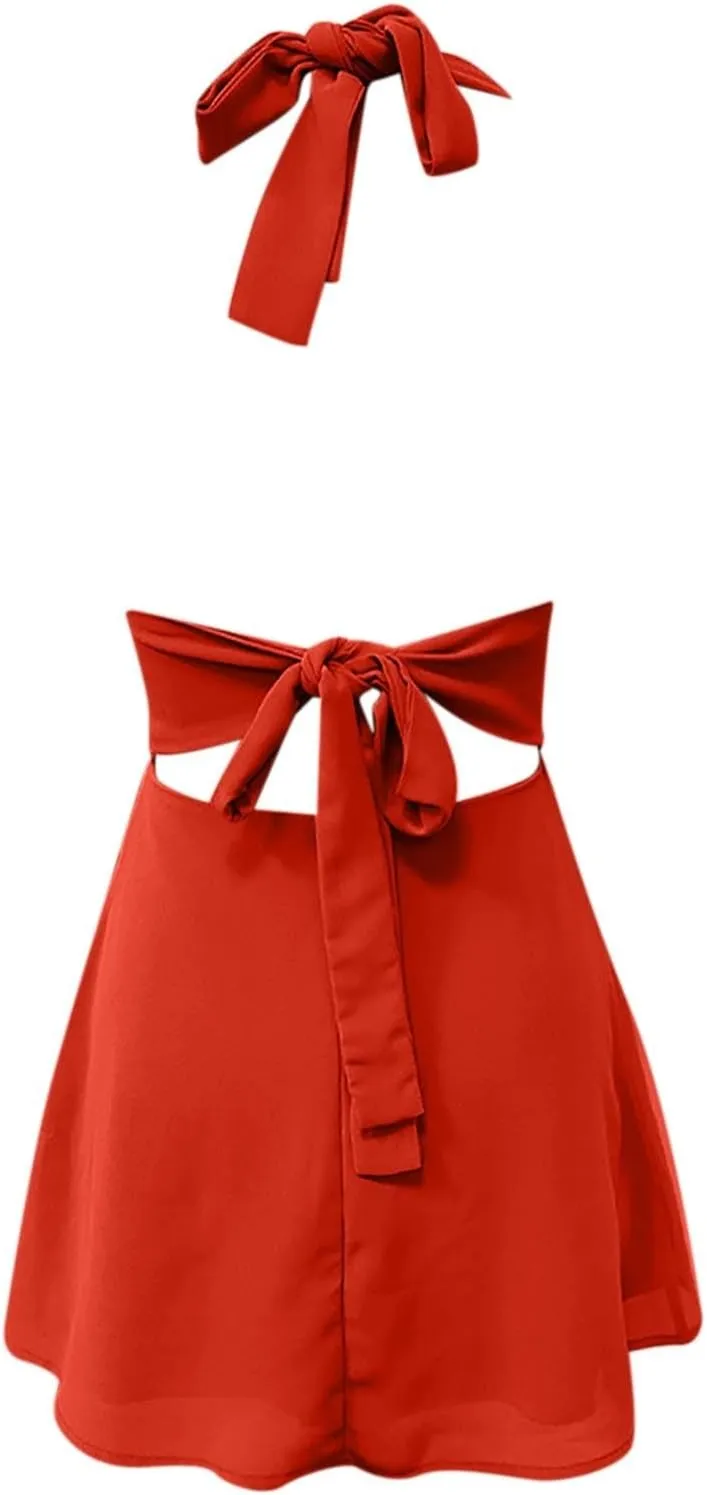 Womens Deep V Mini Dress Bow Tie Sleeveless Backless Ruched Flowy Wrap Ruffle Hem Short Sleeve Loose T Shirt