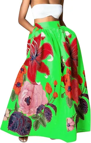 Women's Skirts Summer Boho Maxi Skirt Fashion Loose Floral Printed Skirt High Waisted Beach Maxi Skirt with Pocket