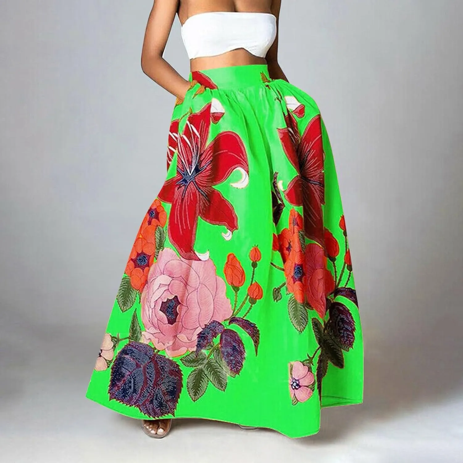 Women's Skirts Summer Boho Maxi Skirt Fashion Loose Floral Printed Skirt High Waisted Beach Maxi Skirt with Pocket