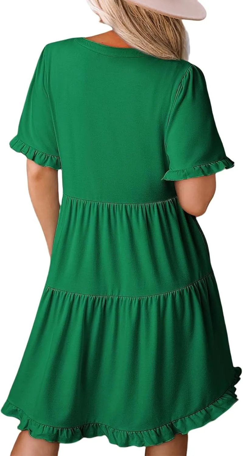 Womens Summer 2025 Ruffle Chiffon Tiered Dresses Casual A Line Flowy Swing V Neck Short Sleeve Mini Dress