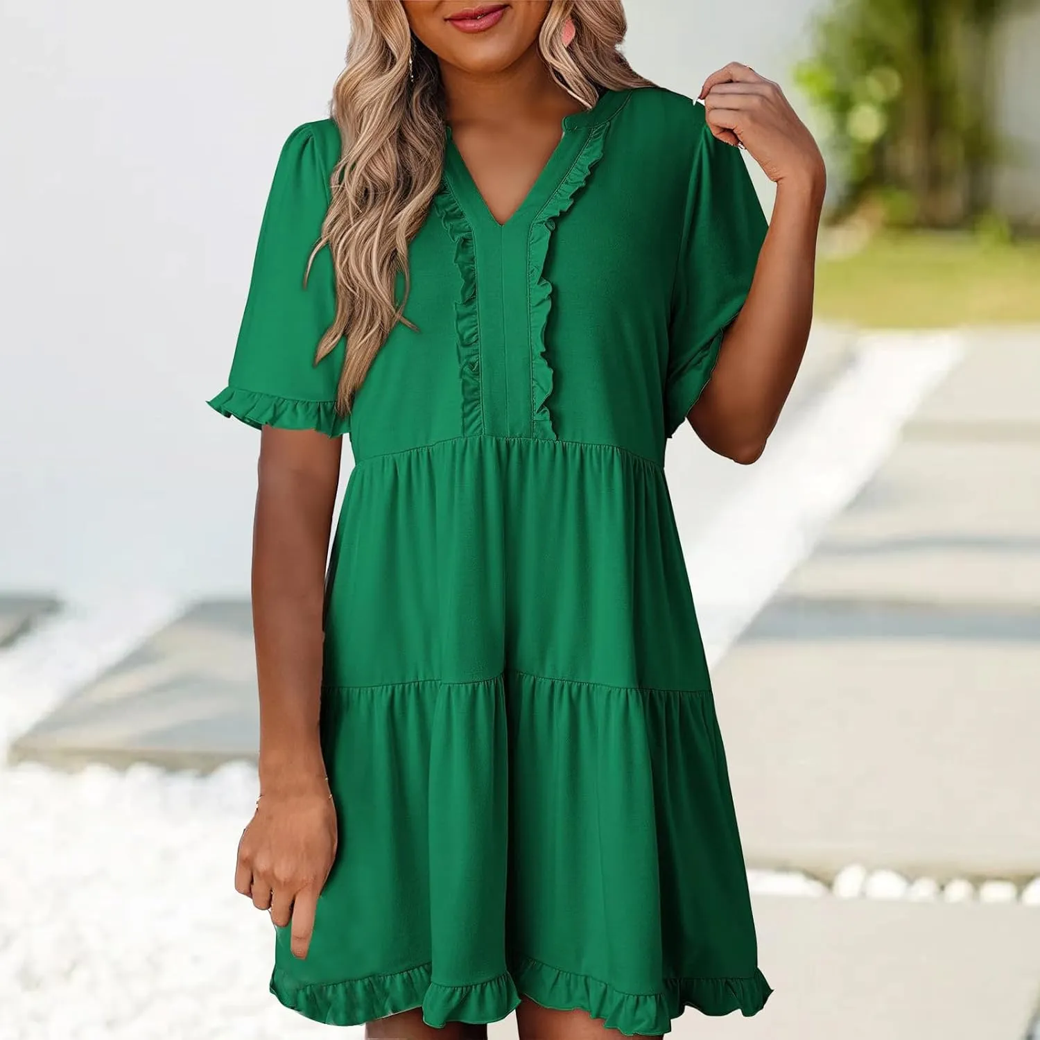 Womens Summer 2025 Ruffle Chiffon Tiered Dresses Casual A Line Flowy Swing V Neck Short Sleeve Mini Dress