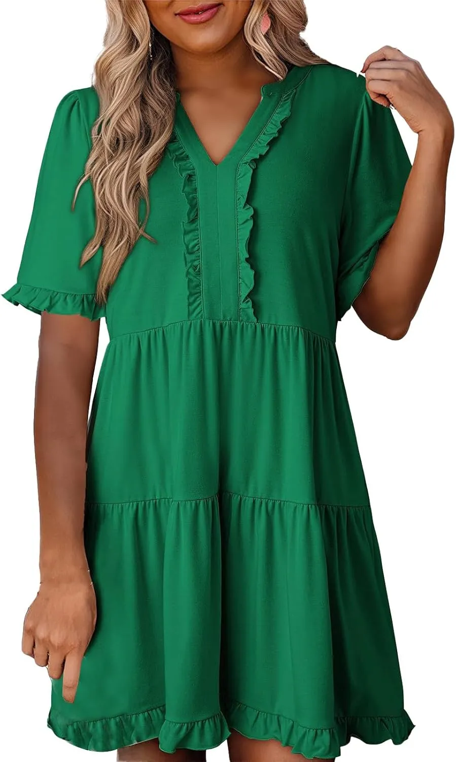 Womens Summer 2025 Ruffle Chiffon Tiered Dresses Casual A Line Flowy Swing V Neck Short Sleeve Mini Dress