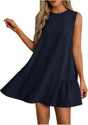 Womens Summer Dresses 2025 Casual Sleeveless Solid Color Dress Vacation Loose Round Neck Pleated Beach Sundress
