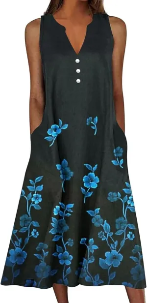 Womens Summer Dresses V Neck Sleeveless Sundresses Loose Beach Vacation Casual Boho Tank Dress with Pockets